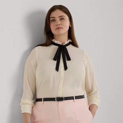 Lauren Woman Classic Fit Georgette Tie-neck Shirt In Mascarpone Cream/black