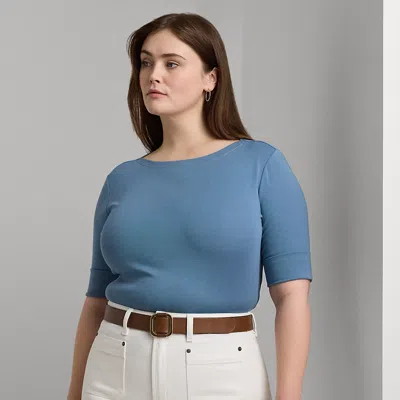 Lauren Woman Cotton-blend Boatneck Top In Pale Azure