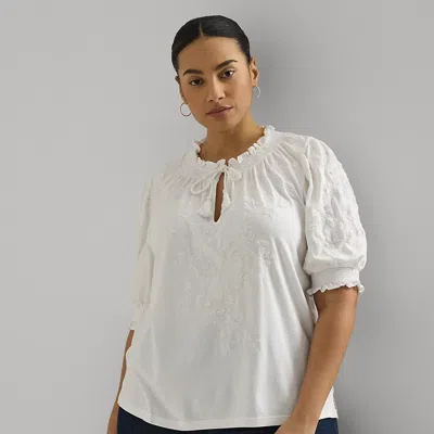 Lauren Woman Embroidered Jersey Puff-sleeve Top In White