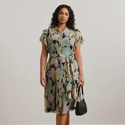 Lauren Woman Floral Belted Georgette Shirtdress In Black/pink/green