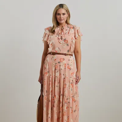 Lauren Woman Floral Crinkle Georgette Tiered Skirt In Pink Multi