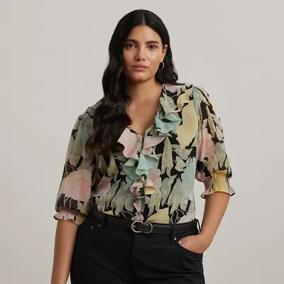 Lauren Woman Floral Georgette Ruffle-trim Blouse In Black/pink/green