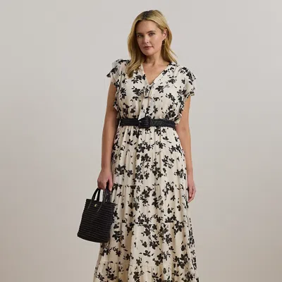 Lauren Woman Floral Georgette Tie-neck Maxidress In Cream/black