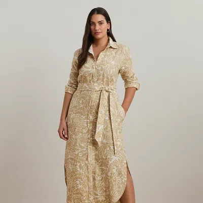 Lauren Woman Floral Linen Shirtdress In Cream/tan