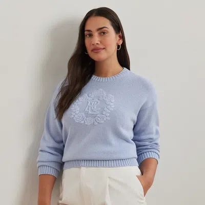Lauren Woman Floral-logo Combed Cotton Sweater In Cornflower Blue