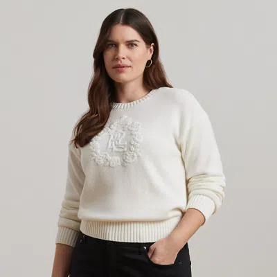 Lauren Woman Floral-logo Combed Cotton Sweater In White