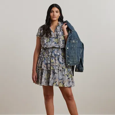 Lauren Woman Floral Ruffle-trim Georgette Dress In Blue Multi
