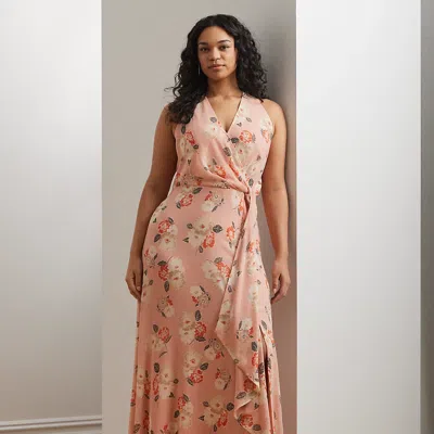 Lauren Woman Floral Ruffle-trim Georgette Gown In Pink Multi