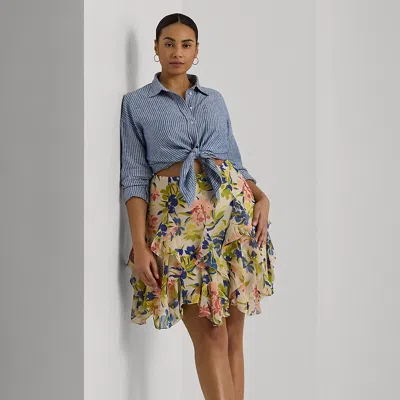 Lauren Woman Floral Ruffle-trim Georgette Skirt In Cream/blue Multi