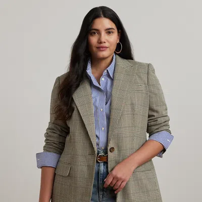Lauren Woman Glen Plaid Cotton-blend Twill Blazer In Navy/tan Multi