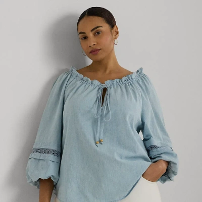 Lauren Woman Lace-trim Chambray Tie-neck Blouse In Medium Chambray Wash