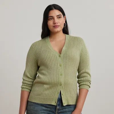 Lauren Woman Metallic Linen-blend Rib-knit Cardigan In Light Olive