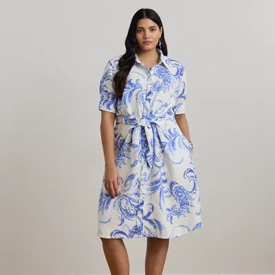 Lauren Woman Paisley Tie-front Linen Shirtdress In White/blue
