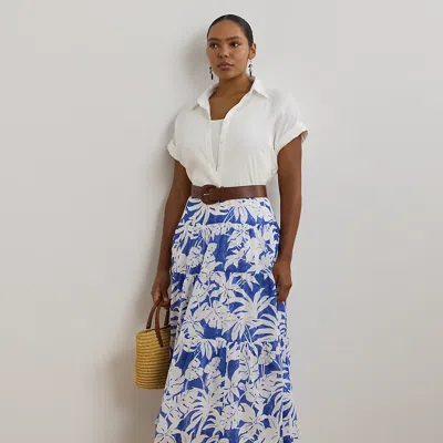 Lauren Woman Palm-frond-print Voile Tiered Skirt In Blue/white