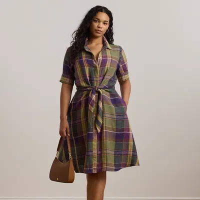 Lauren Woman Plaid Tie-front Linen Shirtdress In Purple/green Multi
