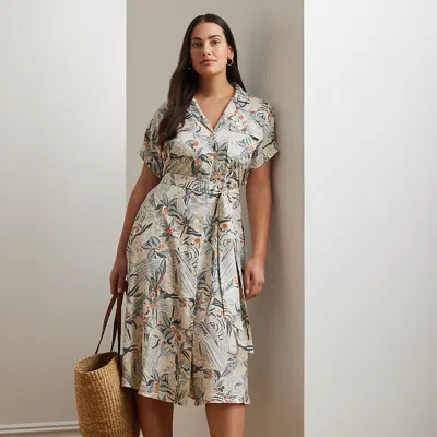 Lauren Woman Print Belted Crepe Camp Shirtdress In Cream Multi