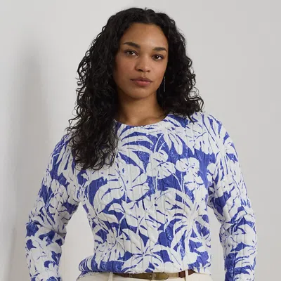Lauren Woman Print Cable-knit Cotton Sweater In White/blue
