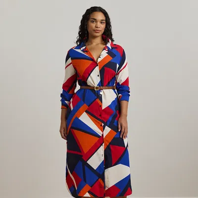 Lauren Woman Print Crepe Shirtdress In Blue Multi