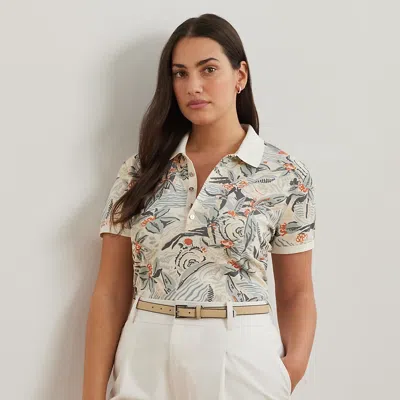 Lauren Woman Print Stretch Piqué Polo Shirt In Cream Multi