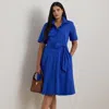 Lauren Woman Ralph Lauren Belted Cotton-blend Shirtdress In Blue