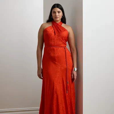 Lauren Woman Ralph Lauren Belted Floral Jacquard Halter Gown