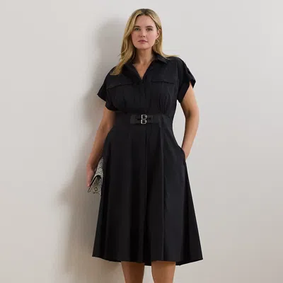 Lauren Woman Ralph Lauren Buckle-trim Cotton-blend Shirtdress In Black