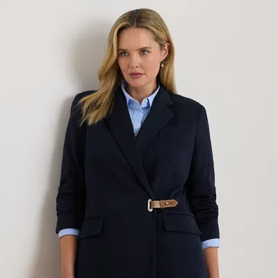 Lauren Woman Ralph Lauren Buckle-trim Herringbone Jacquard Blazer In Blue