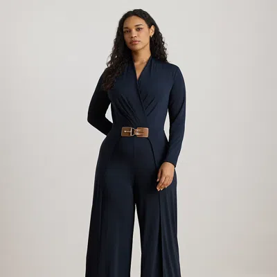 Lauren Woman Ralph Lauren Buckle-trim Jersey Surplice Jumpsuit In Blue