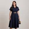 Lauren Woman Ralph Lauren Buckle-trim Stretch-cotton Blend Dress In Blue