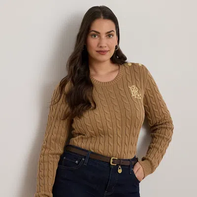 Lauren Woman Ralph Lauren Button-trim Cable-knit Cotton Sweater In Brown