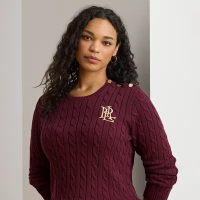 Lauren Woman Ralph Lauren Button-trim Cable-knit Cotton Sweater In Burgundy