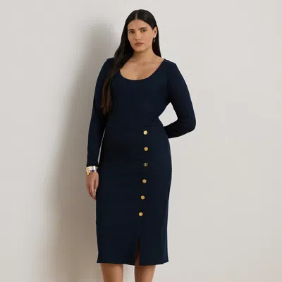 Lauren Woman Ralph Lauren Button-trim Rib-knit Dress In Blue