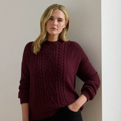 Lauren Woman Ralph Lauren Cable-knit Cotton Crewneck Sweater In Burgundy