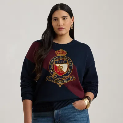Lauren Woman Ralph Lauren Color-blocked Crest Cotton Sweater In Blue