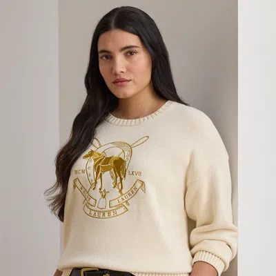 Lauren Woman Ralph Lauren Embroidered Cotton Crewneck Sweater In Neutral
