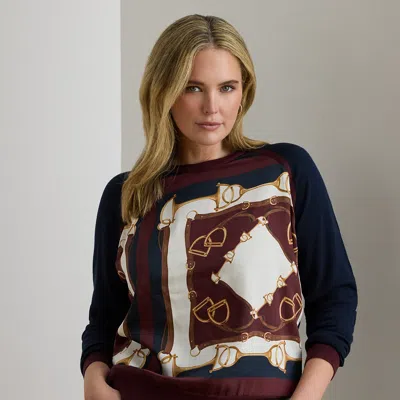 Lauren Woman Ralph Lauren Equestrian-print Cotton-blend Sweater In Blue