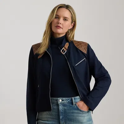 Lauren Woman Ralph Lauren Faux-leather-trim Ponte Moto Jacket In Blue