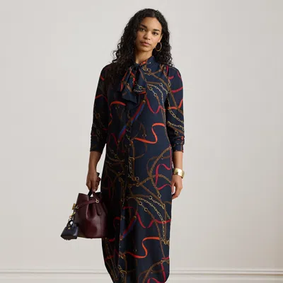 Lauren Woman Ralph Lauren Geo-print Belted Crepe Dress In Black