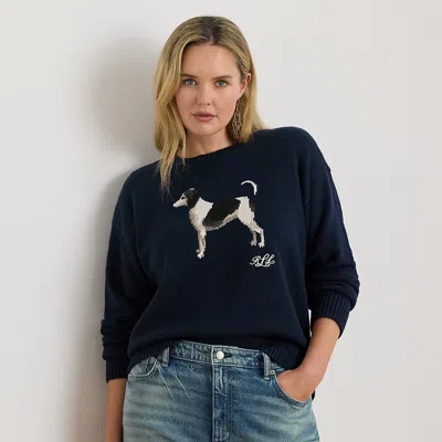 Lauren Woman Ralph Lauren Intarsia-knit Dog Cotton Sweater In Blue