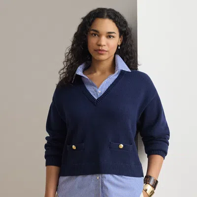 Lauren Woman Ralph Lauren Layered Button-trim Cotton Sweater In Blue