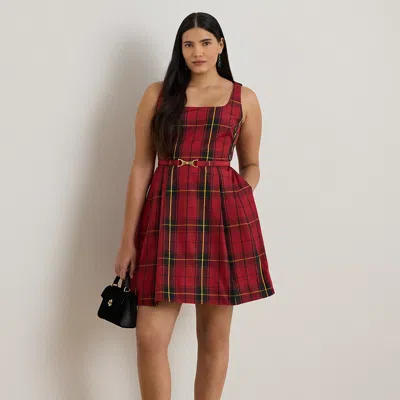 Lauren Woman Ralph Lauren Plaid Belted Taffeta Cocktail Dress In Red