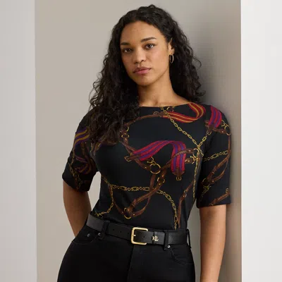 Lauren Woman Ralph Lauren Print Stretch Cotton Boatneck Tee In Black
