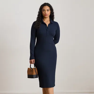 Lauren Woman Ralph Lauren Rib-knit Cotton-blend Polo Dress In Blue