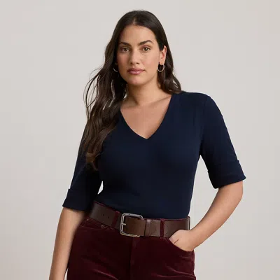 Lauren Woman Ralph Lauren Stretch Cotton Elbow-sleeve V-neck Tee In Blue