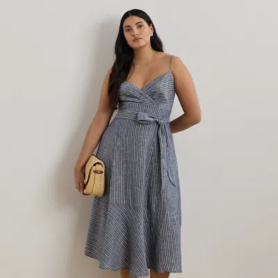 Lauren Woman Ralph Lauren Striped Belted Linen Sleeveless Dress