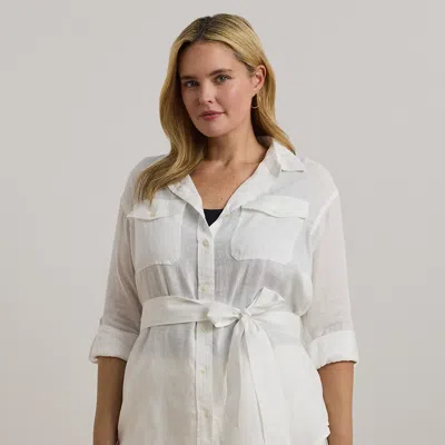 Lauren Woman Belted Linen Shirt In White