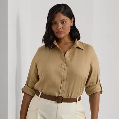 Lauren Woman Relaxed Fit Linen Roll Tab-sleeve Shirt In Birch Tan