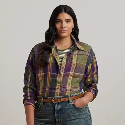 Lauren Woman Relaxed Fit Plaid Linen Shirt In Purple/green Multi