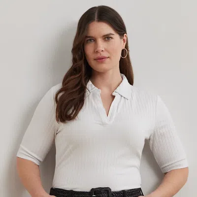 Lauren Woman Rib-knit Elbow-sleeve Polo Tee In White