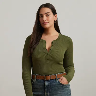 Lauren Woman Rib-knit Henley Sweater In Olive Grove